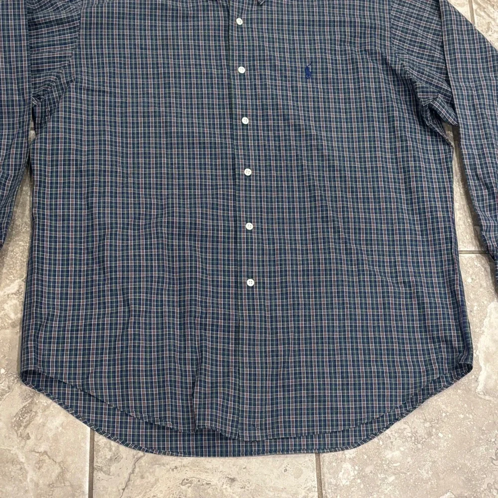 Ralph Lauren Blake Mens Large Plaid Button Down Shirt Navy Green 100% Cotton